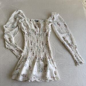 Nasty Gal Collection Floral Smocked Long Sleeve Mini Dress White Women's Size 10